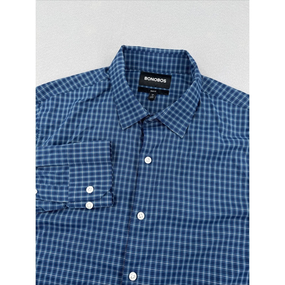 Bonobos Slim Fit Nylon Long Sleeve Button Down Mens M Blue Plaid Casual